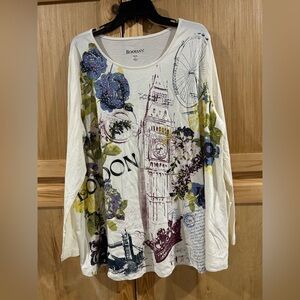 Roaman's Women's London Graphic Long Sleeve Top - Cream and Multicolor Sz L